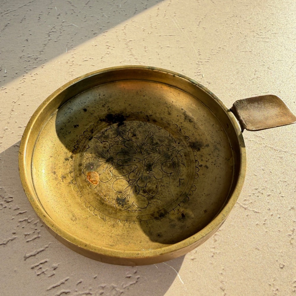 Vintage Etched Brass Silent Butler Ash Tray Floral Design 3 inches